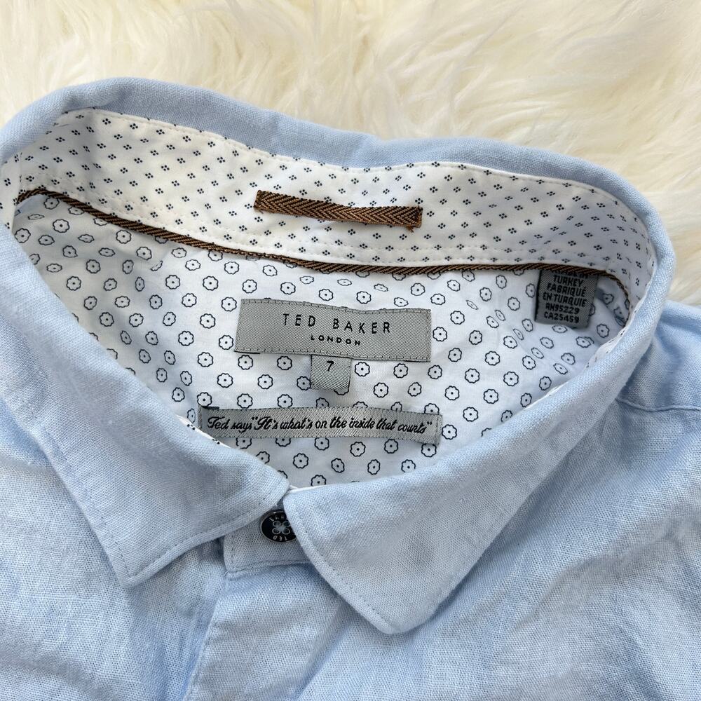 TED BAKER Button Down Shirt Mens Size 3XL Linen Blend Blue Wedding Guest Party - Picture 6 of 7